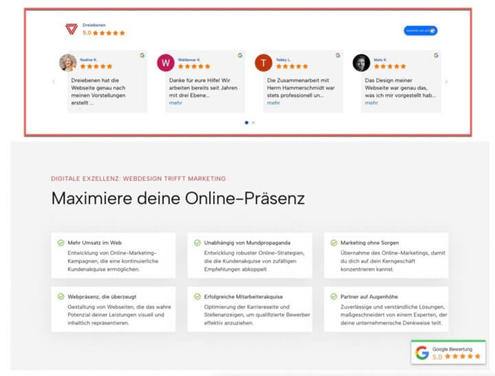 Google Bewertungen auf DreiEbenen Webseite Sterne für mehr Erfolg und besseres Ranking