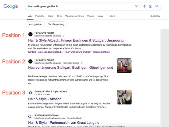 Google Ranking für Friseur in Altbach als Ergebnis von local SEO